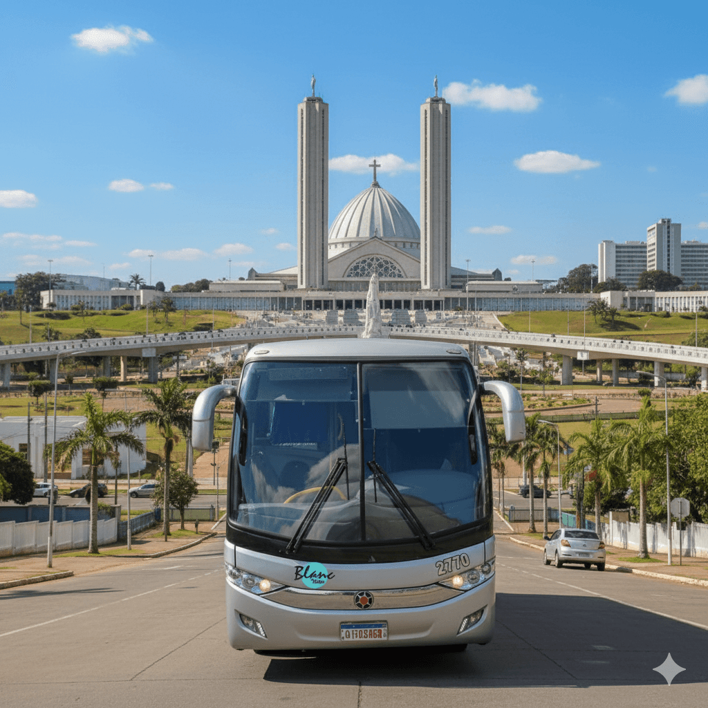 Frente de ônibus com ponto turístico atras