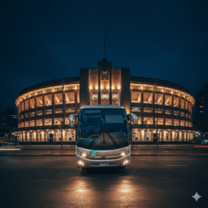 ônibus parado em frente a monumento