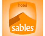 Orange shield-shaped logo with a stylized brown mountain peak and the word 'sables' in white, and the word 'hotel' at the top.