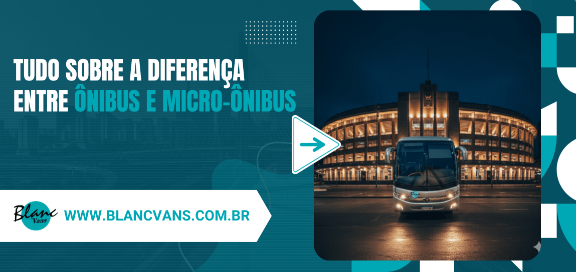 Capa do artigo sobre a diferença entre ônibus e micro ônibus com veículo estacionado em frente a estádio iluminado