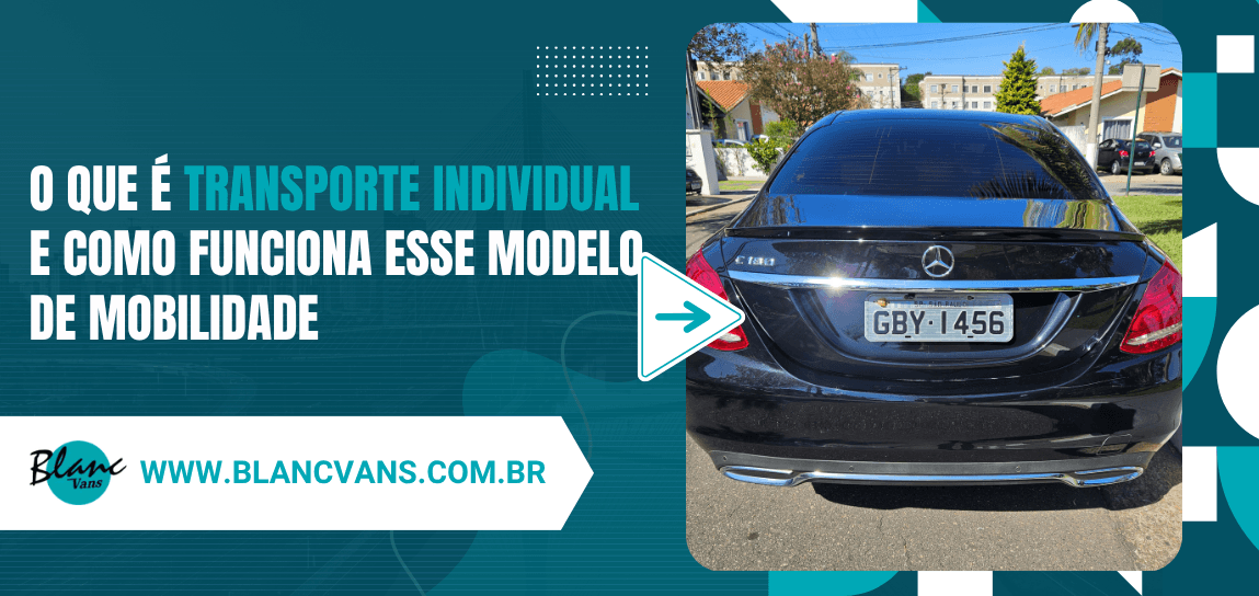Banner in Portuguese about Transporte Individual with a Mercedes rear view on the right and a teal background headline on the left plus an arrow CTA and URL